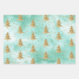 Hoja De Papel De Regalo Bonito Mint Green Watercolor Gold Christmas Tree