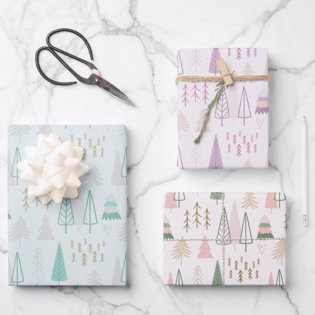 Hoja De Papel De Regalo Bonito Pastel Árboles de Navidad Navidades moderno (Anverso)
