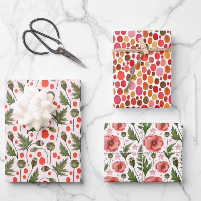 Hoja De Papel De Regalo Bonito Poppies Foliage Floral (Anverso)