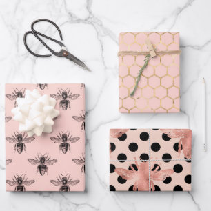 Hoja De Papel De Regalo Bonito Princesa Bee negro rosa y oro 