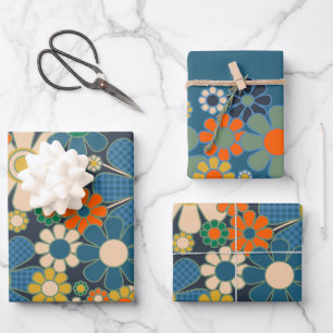 Hoja De Papel De Regalo Bonito Retro Vintage Moderno Patrones Florales Azu