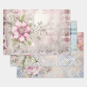 Hoja De Papel De Regalo Bonito Shabby Chic Navidades Floral Tartán Mix