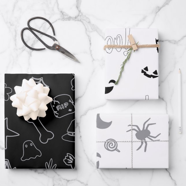 Hoja De Papel De Regalo ¡Boo de Halloween! Blanco negro (Anverso)