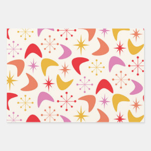 Hoja De Papel De Regalo Boomerang de mediados de siglo con estrellas atómi