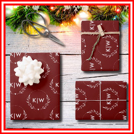 Hoja De Papel De Regalo Bordeaux y Blanco | Monograma de Iniciales Moderna