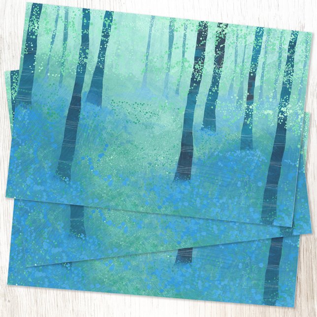 Hoja De Papel De Regalo Bosque con flores azules (Forest woodland with bluebells landscape painting art gift wrap paper sheets)