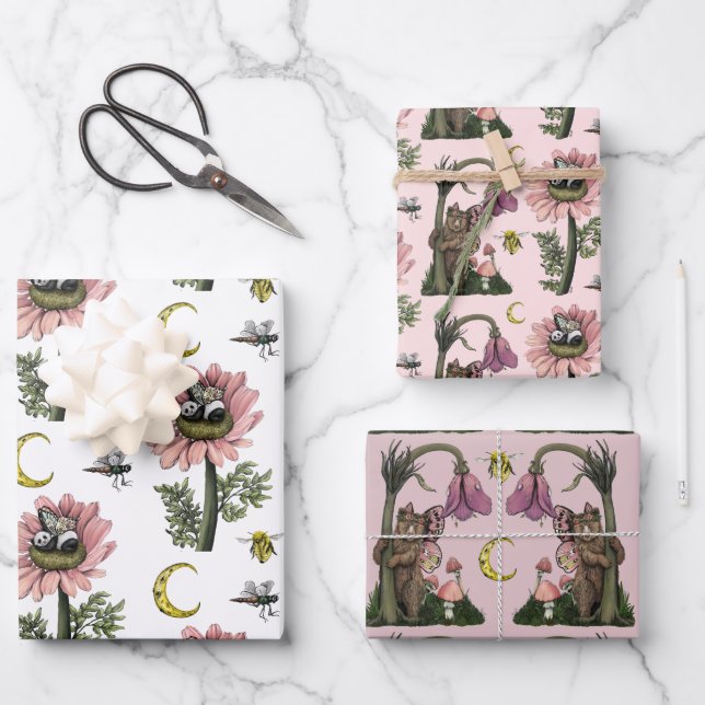 Hoja De Papel De Regalo Bosque de champiñones de oso rosado (Anverso)