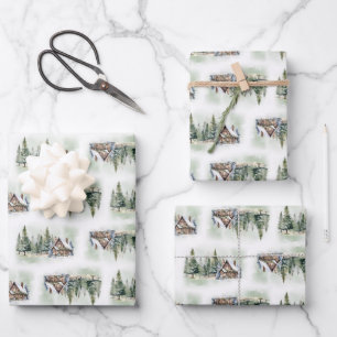 Hoja De Papel De Regalo Bosque de invierno acuático y cabaña