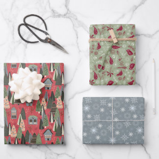 Hoja De Papel De Regalo Bosque de Navidad verde rosa gris Pueblo