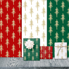 Hoja De Papel De Regalo Bosque de pinos de bosque dorado verde rojo y blan