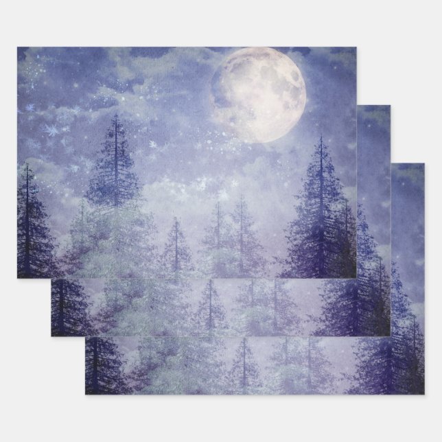 Hoja De Papel De Regalo Bosque de Pinos de Invierno de Luna Llena (Set)