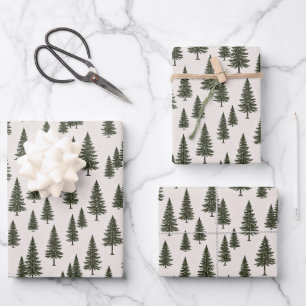 Hoja De Papel De Regalo Bosque Patrón de árbol de pino verde forestal