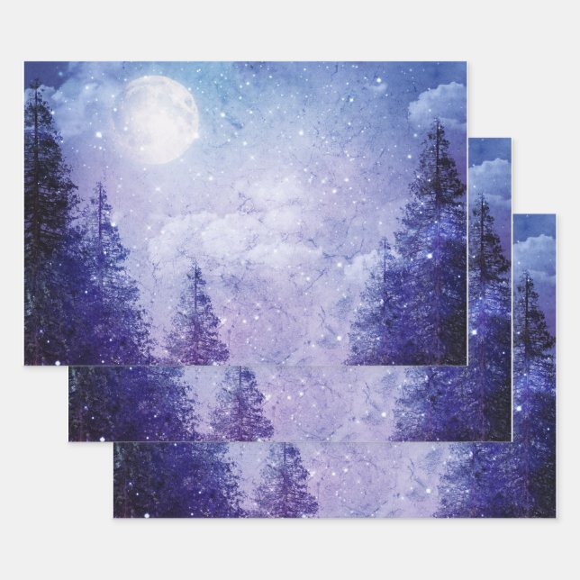 Hoja De Papel De Regalo Bosque púrpura de invierno de luna llena (Set)