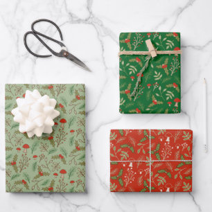 Hoja De Papel De Regalo Bosques de Navidad Rojo, Pino y Celadón