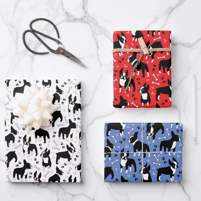 Hoja De Papel De Regalo Boston Terrier Playtime Cute Dogs (Anverso)