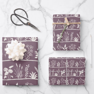 Hoja De Papel De Regalo Botánico Minimalista Dainty Prado Silueta Ciruela