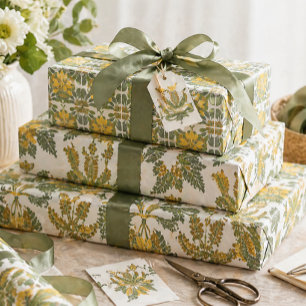 Hoja De Papel De Regalo Botánico Vintage Floral Coordinado Amarillo Verde