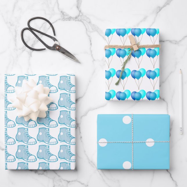 Hoja De Papel De Regalo Botas Azules y Globos (Anverso)