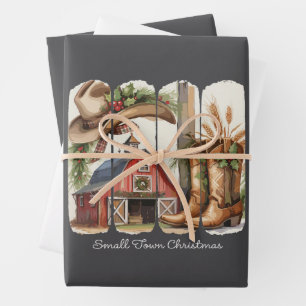 Hoja De Papel De Regalo Botas vaqueras de Navidad de pueblo pequeño retro