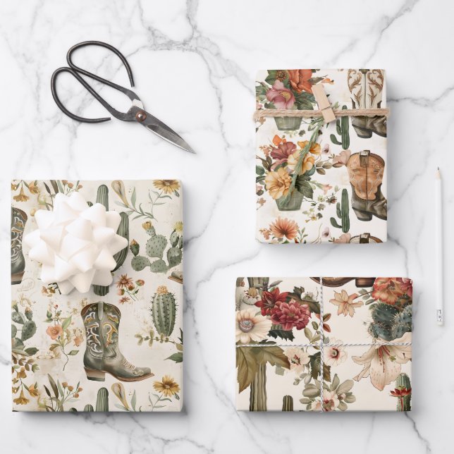 Hoja De Papel De Regalo Botas y Cactus  (Anverso)