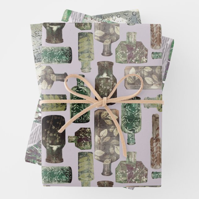 Hoja De Papel De Regalo Botellas antiguas y texturas botánicas (In situ)