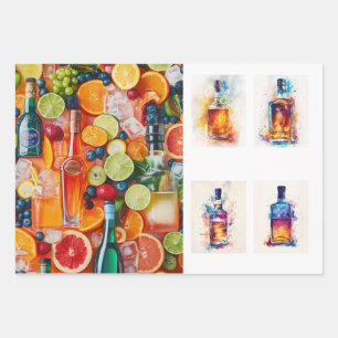 Hoja De Papel De Regalo Botellas de licor con decoupage de bebidas de fond