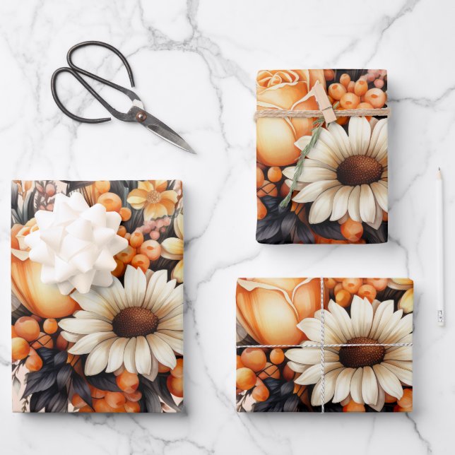 Hoja De Papel De Regalo Bouquet de flores grises amarillas naranjas (Anverso)