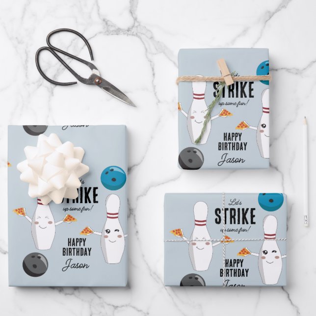 Hoja De Papel De Regalo Bowling Pizza Strike Algunos Divertidos Niños Cump (Anverso)