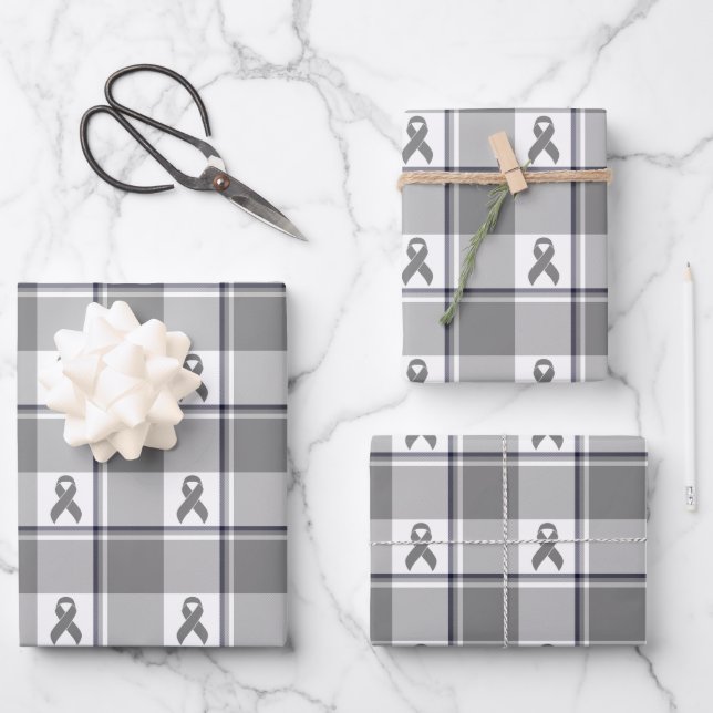 Hoja De Papel De Regalo Brain Cancer Awareness Plaid Gray Ribbon (Anverso)