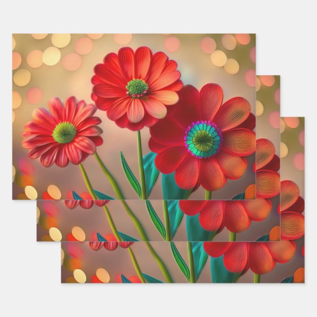 Hoja De Papel De Regalo Bright Red Daisy Flowers (Set)