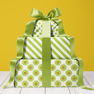Hoja De Papel De Regalo Brillante Daisy Verde Tiras Florales Polka Dot