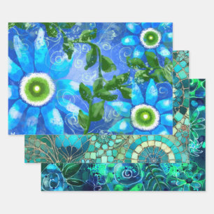 Hoja De Papel De Regalo Brillante Floral Azul Azul Verde Verde azulado Dai