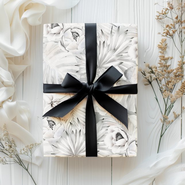 Hoja De Papel De Regalo Brillante Tonal Blanco Tropical Botánico (Subido por el creador)