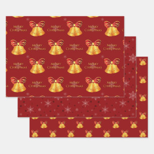 Hoja De Papel De Regalo Brillantes campanas de oro y Navidades de copos de