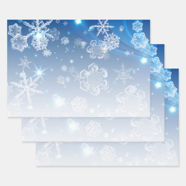 Hoja De Papel De Regalo Brillantes copos de nieve de invierno azul brillan (Set)