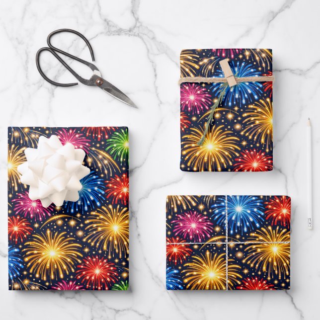 Hoja De Papel De Regalo Brilliant Midnight Fireworks Pattern (Anverso)