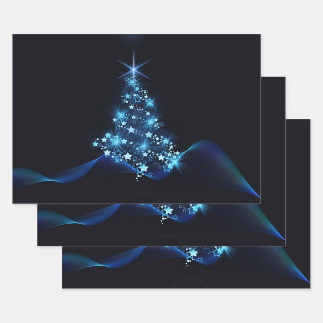 Hoja De Papel De Regalo Brillo azul de estrellas en árbol de Navidad oscur (Set)