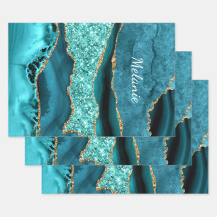 Hoja De Papel De Regalo Brillo Dorado Azul Turquesa Personalizado Tu Nombr