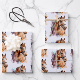 Hoja De Papel De Regalo Brown Horse Head Portrait in Watercolor Pattern