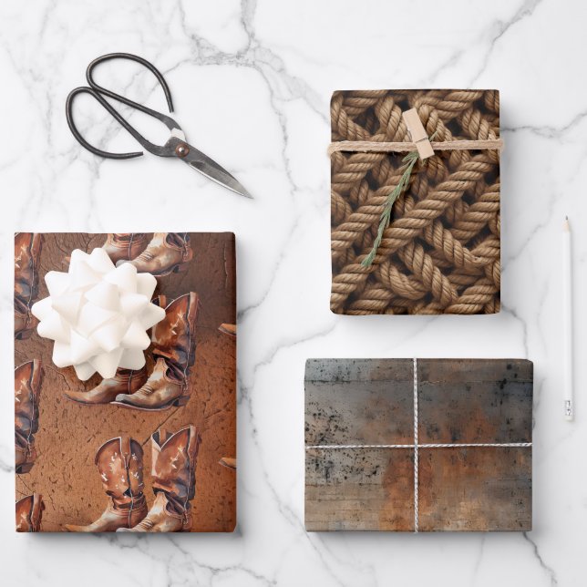 Hoja De Papel De Regalo Brown Howdy Cowboy Western Rope (Anverso)