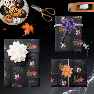 Hoja De Papel De Regalo Bruja Rubia Juguetona Calabaza Fantasía Púrpura
