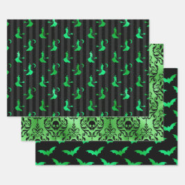 Hoja De Papel De Regalo Bruja Verde, Calavera y Murciélago Patrones de Hal