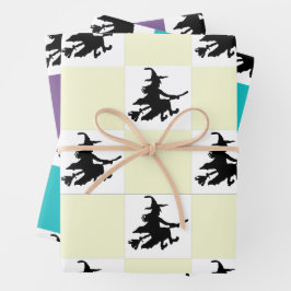 Hoja De Papel De Regalo Brujas Negras en Cuadros Amarillos, Morados y Turq