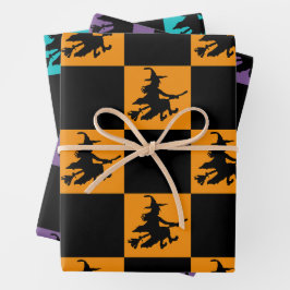 Hoja De Papel De Regalo Brujas Negras en Cuadros Naranjas, Morados y Turqu
