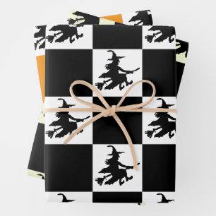 Hoja De Papel De Regalo Brujas Negras sobre Cuadros Blancos, Amarillos y N