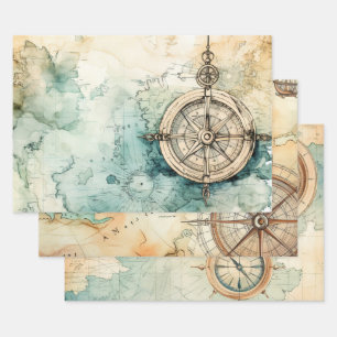 Hoja De Papel De Regalo Brújula antigua y mapa náutico antiguo 
