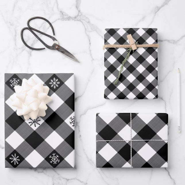 Hoja De Papel De Regalo Búfalo blanco negro rubio con copo de nieve (Anverso)