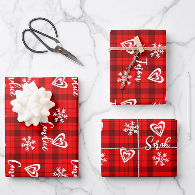 Hoja De Papel De Regalo Buffalo Love Hearts Snowflakes Personalizado (Anverso)