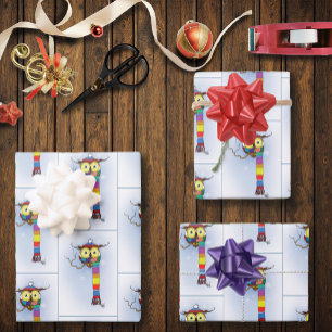 Hoja De Papel De Regalo Búho de invierno adorable bufanda arcoíris sombrer