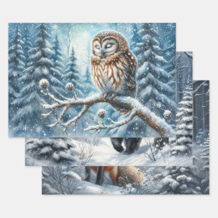 Hoja De Papel De Regalo Búho del bosque sereno fauna del bosque invernal